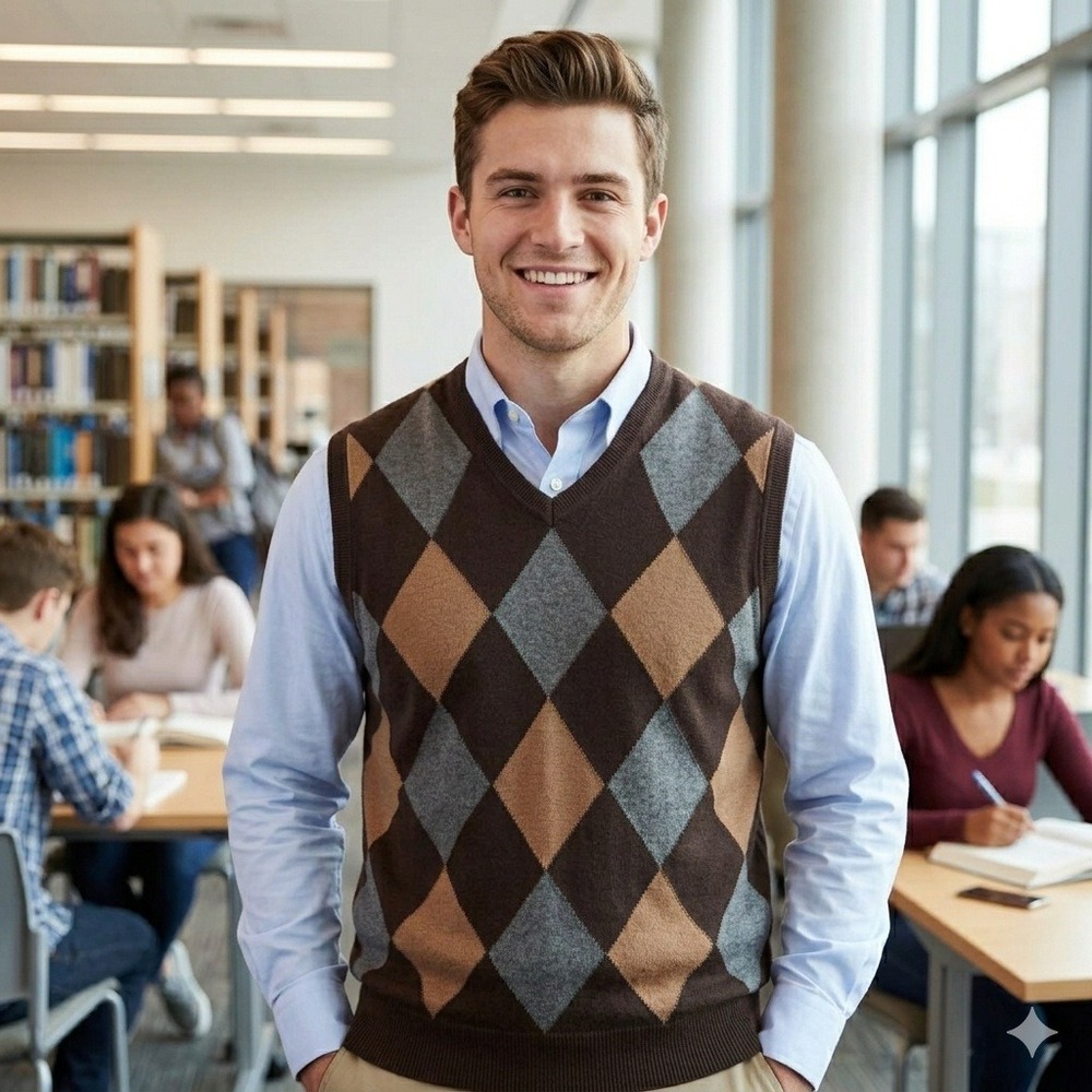 Preppy John Henry Sweater Vest Mens L Brown Argyle V-Neck Knit Pullover